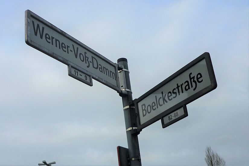Straßenschild "Werner-Voß-Damm" und "Boelckestraße"
