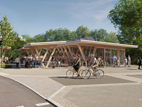 Visualisierung einer überdachten Fahrradabstellanlage an einer Straße, im Vordergrund Radfahrer