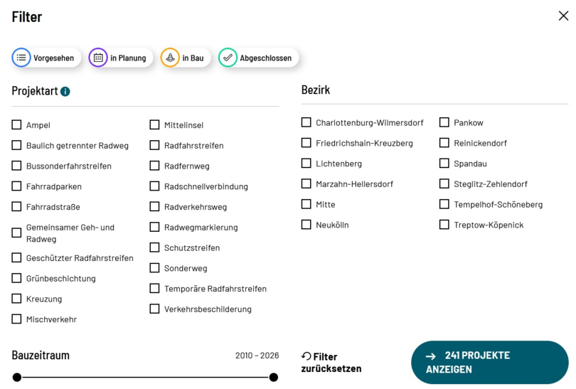 Screenshot von der Filteransicht auf der Projektkarte