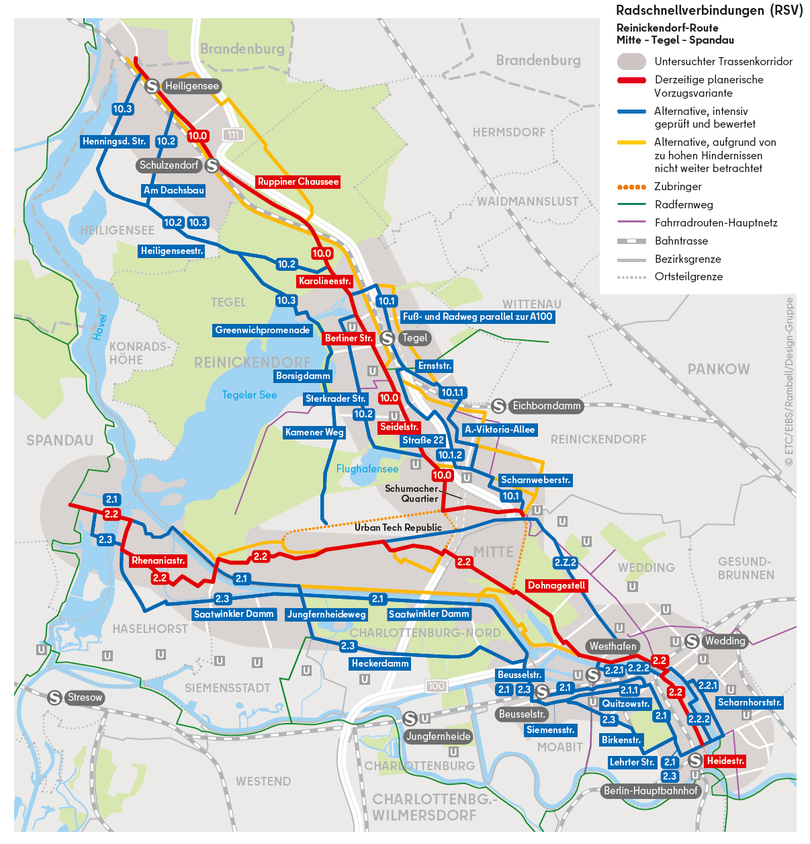 Karte der möglichen Routenführungen der Radschnellverbindungen RSV 2 und RSV 10