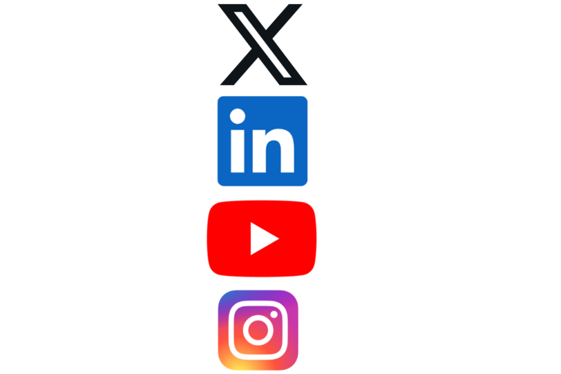 Die Logos der sozialen Netzwerke X, LinkedIn, YouTube und Instagram
