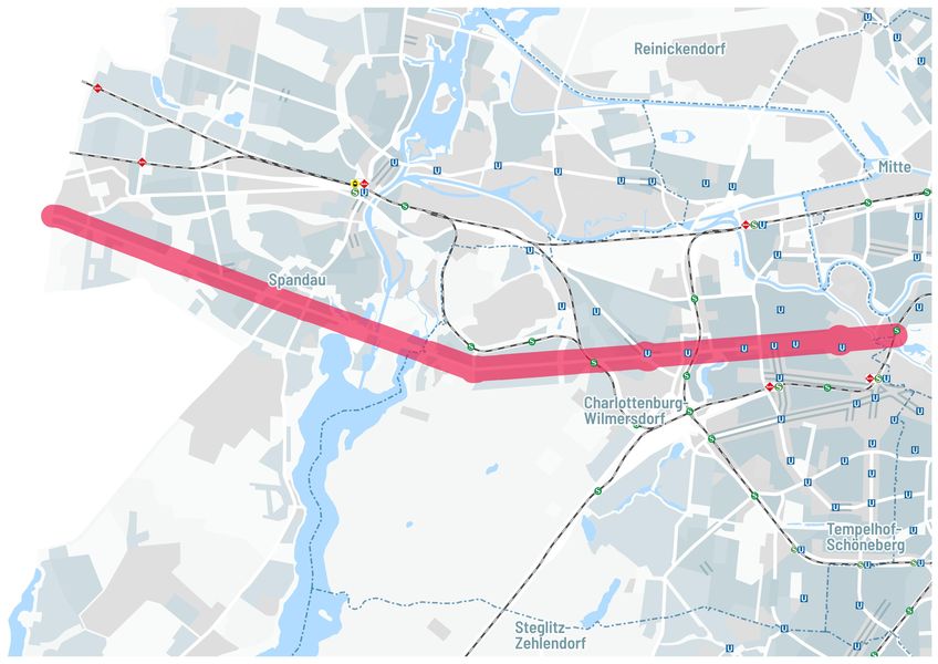 Routenführung der West-Route von Spandau über Charlottenburg-Wilmersdorf bis nach Mitte