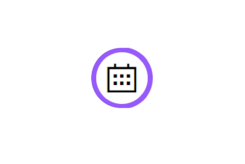 ein Kalender-Symbol, umrandet mit einem violetten Kreis 