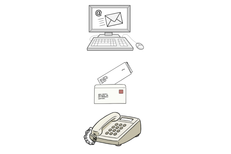 drei Bilder untereinander: ein Computer mit einem Mail-Symbol auf dem Bildschirm, ein Brief und ein Telefon