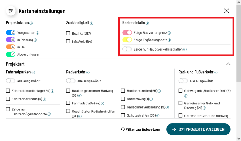 Screenshot der Projektkarte mit eingekreistem Filter für das Radnetz