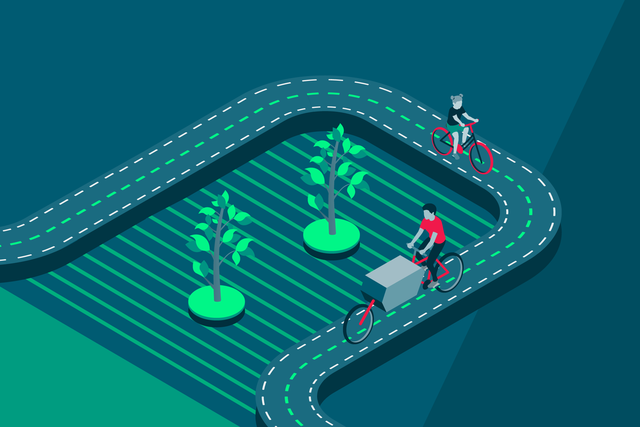 Grafische Darstellung eines Radweges mit zwei Fahrradfahrern. Der Radweg verläuft um eine Fläche mit Pflanzen herum.
