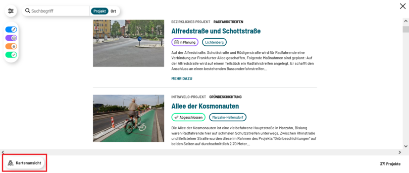 Screenshot der Projektkarte mit eingekreistem Button für die Kartenansicht