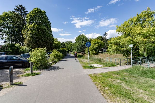 Gemeinsamer Geh- und Radweg entlang einer Grünanlage.