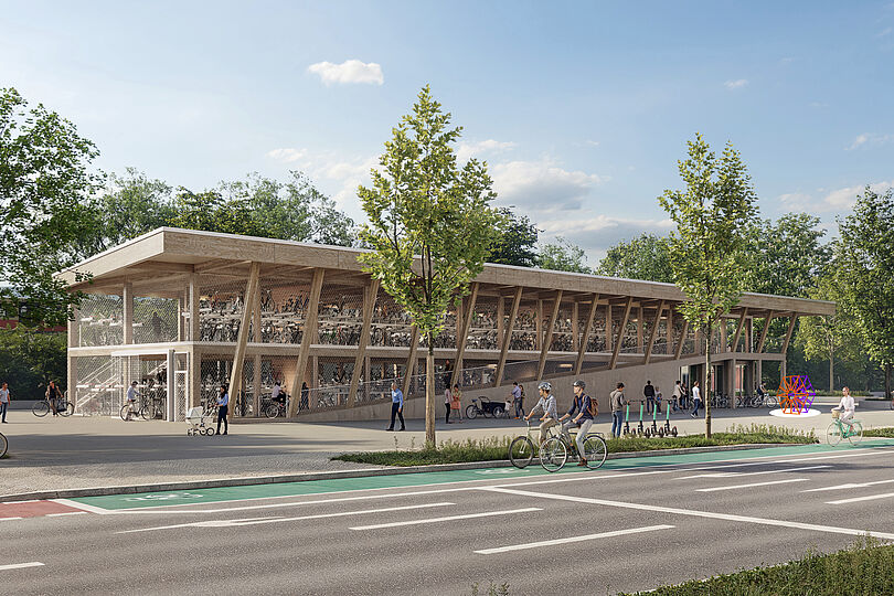 Visualisierung des Fahrradparkhauses Schöneweide mit dem Kunstwerk von Inken Reinert