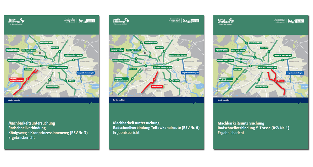 Titelbilder der drei Ergebnisberichte über die Machbarkeitsuntersuchungen der RSV 1, 3 und 6