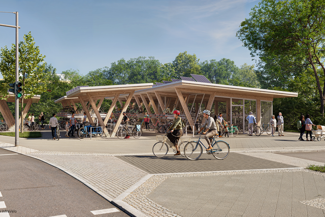 Visualisierung einer überdachten Fahrradabstellanlage an einer Straße, im Vordergrund Radfahrer