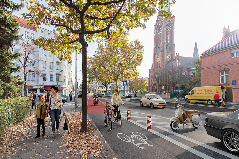 Visualisierung der umgestalteten Grunewaldstraße mit Radfahrstreifen und Lieferzonen