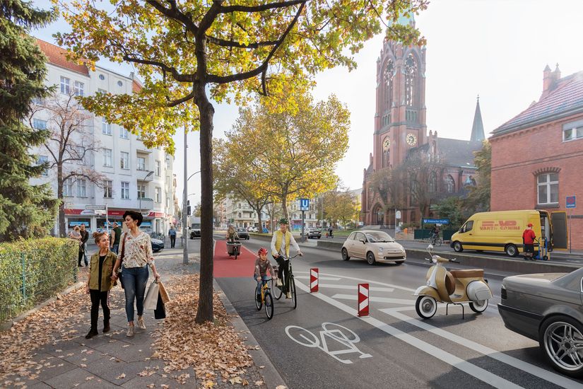 Visualisierung der umgestalteten Grunewaldstraße mit Radfahrstreifen und Lieferzonen