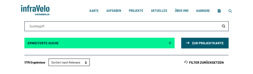 Screenshot von der Such-Seite auf der Website von infraVelo