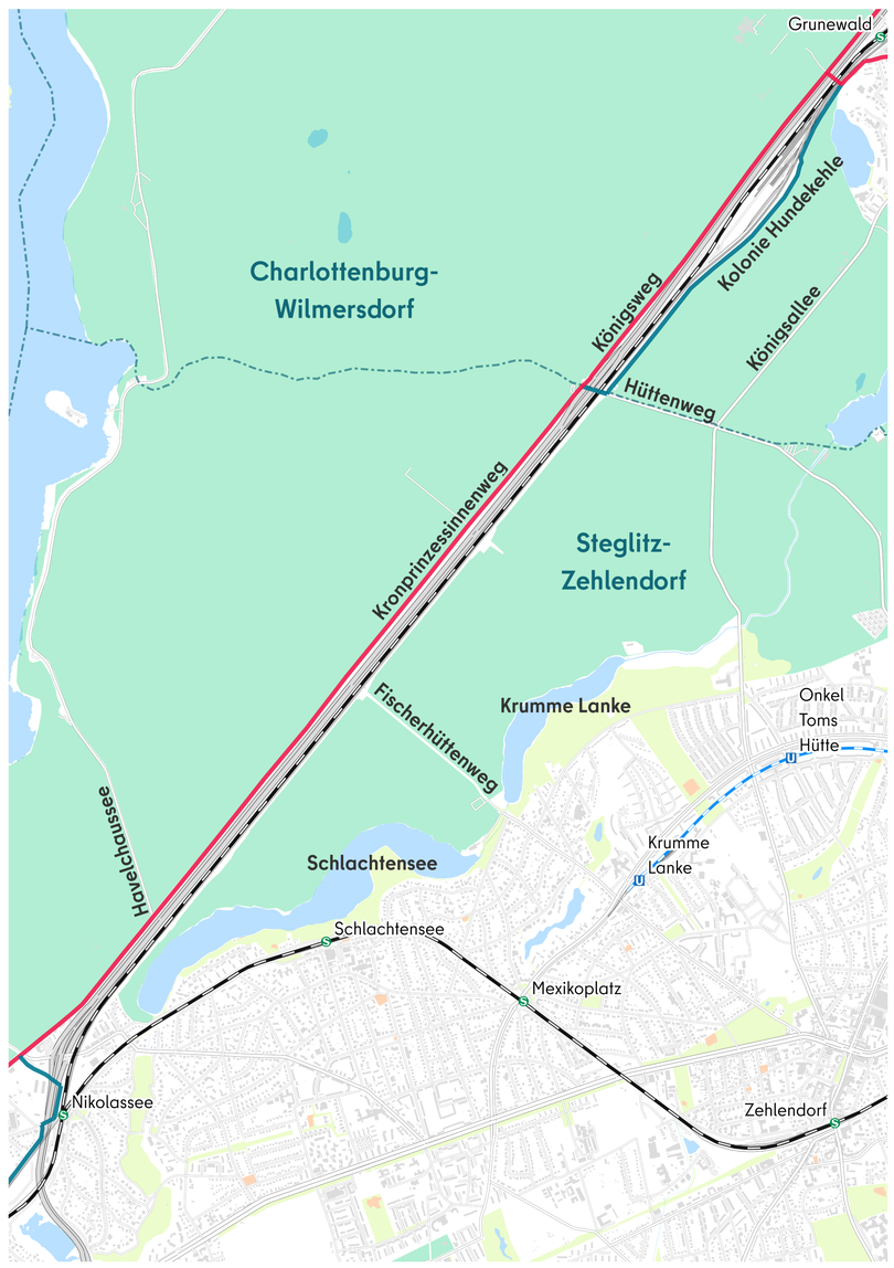 Karte mit dem Routenverlauf der RSV im Abschnitt Forstgebiet Grunewald