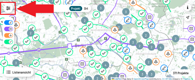 Screenshot von der Projektkarte mit eingekreistem Symbol für die Karteneinstellungen oben links