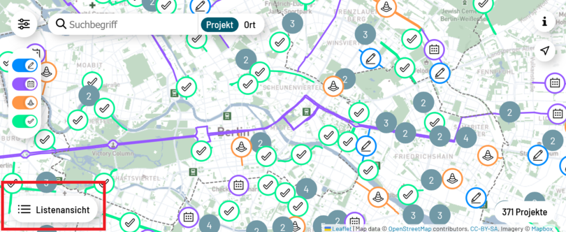 Screenshot der Projektkarte mit eingekreistem Button für die Listen-Ansicht