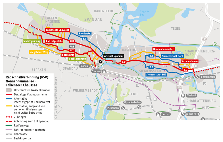 Karte von der Vorzugstrasse der Radschnellverbindung 8 (Nonnendammallee - Falkenseer Chaussee)