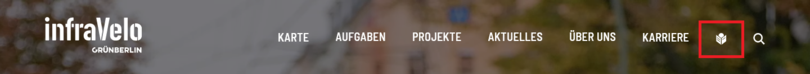 Screenshot von der Menü-Leiste auf der Website von infraVelo, eine rote Umrahmung hebt das Symbol "Leichte Sprache" hervor