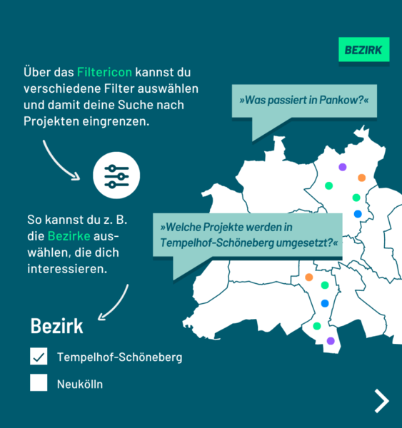 Über das Filtericon kannst du verschiedene Filter auswählen und damit deine Suche nach Projekten eingrenzen. So kannst du z. B. die Bezirke auswählen, die dich interessieren.