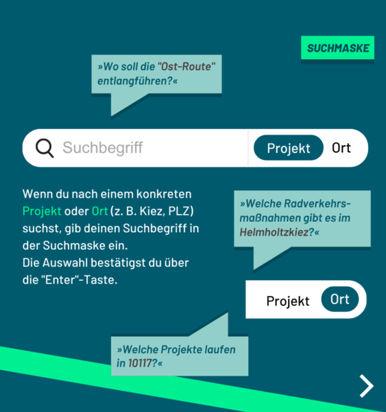 Wenn du nach einem konkreten Projekt oder Ort (z. B. Kiez, PLZ) suchst, gib deinen Suchbegriff in der Suchmaske ein. Die Auswahl bestätigst du über die "Enter"-Taste.