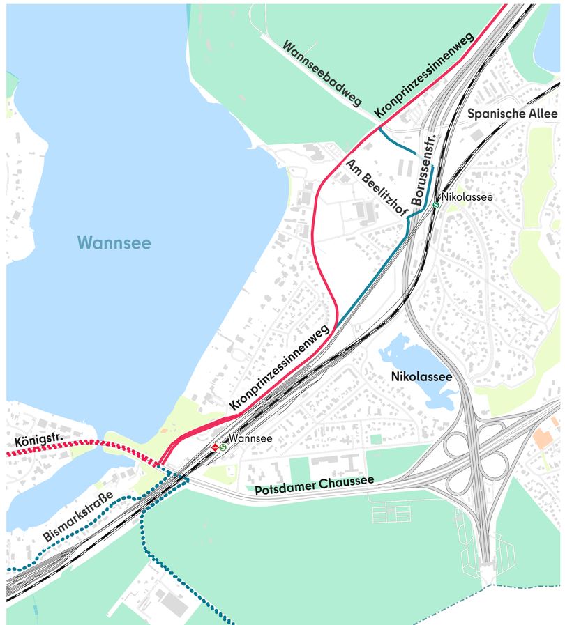 Karte vom Routenverlauf der RSV 3 im Abschnitt Wannsee/Nikolassee