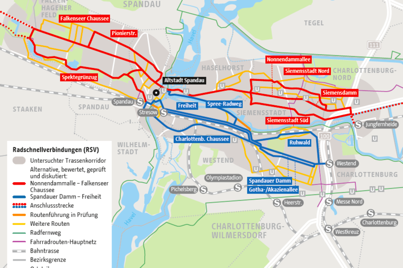 Trassenplan Radschnellverbindungen durch Spandau und Charlottenburg-Wilmersdorf 