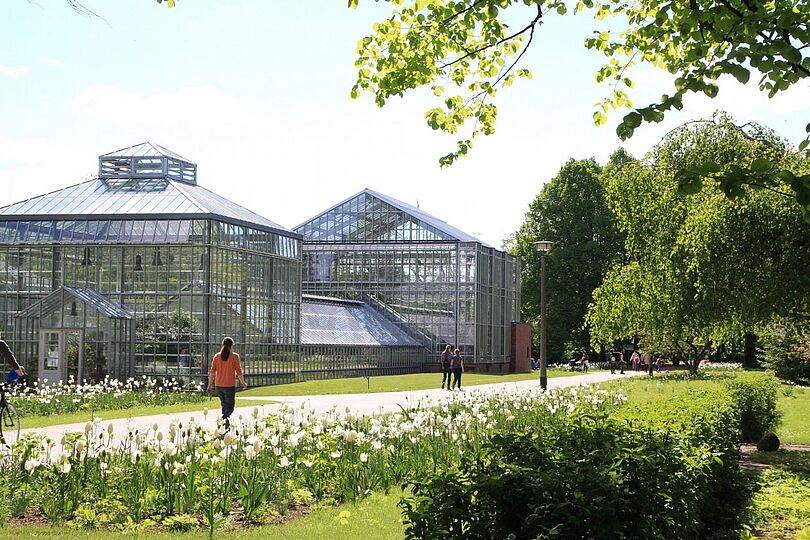 Blick auf die Gewächshäuser im Volkspark Blankenfelde