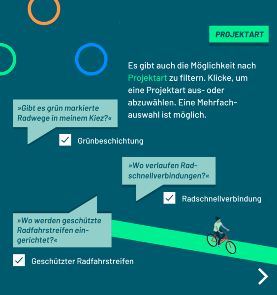 Es gibt auch die Möglichkeit nach Projektart zu filtern. Klicke, um eine Projektart aus- oder abzuwählen. Eine Mehrfachauswahl ist möglich.