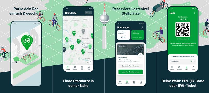 Visualisierung der App-Ansicht auf dem Smartphone mit Standort-Karte und Reservierungsvorgang