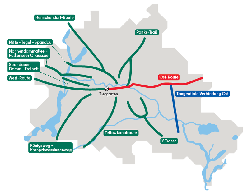 Karte von Berlin mit den geplanten Routenverläufen der Radschnellverbindungen