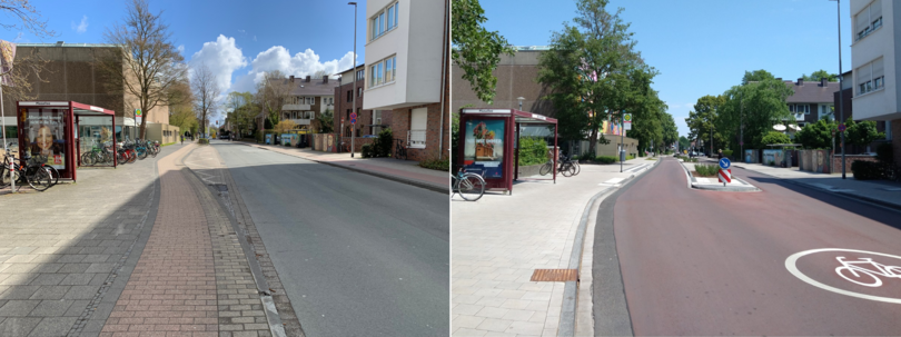 Vorher- und Nachher-Bild einer Straße an einer Bushaltestelle. Nachher ist die Straße rot beschichtet, hat ein Fahrradpiktogramm und eine Mittelinsel wurde auf Höhe der Haltestelle gesetzt.