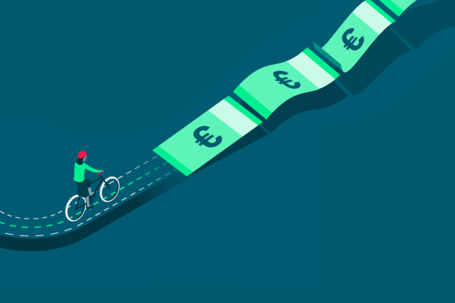 symbolische Darstellung eines Radweges, der am Ende zu einem Weg aus Euro-Scheinen wird