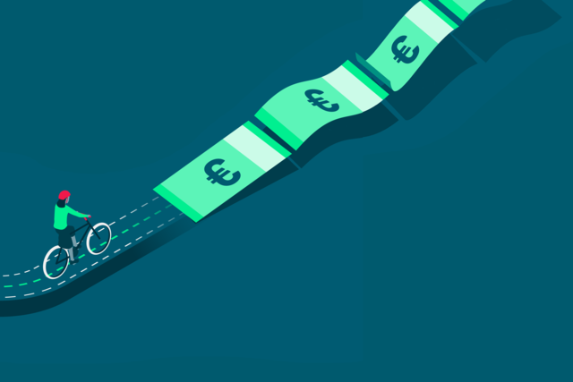 symbolische Darstellung eines Radweges, der zu einem Weg aus Euro-Scheinen wird