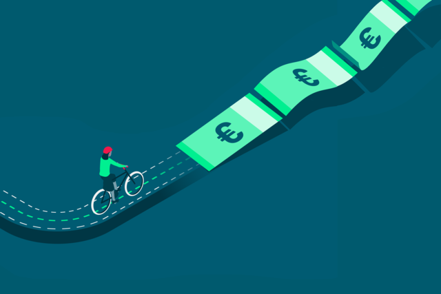 Grafik eines Radfahrers der auf einem Radweg fährt. Der Radweg wird am Ende zu Euro-Scheinen.