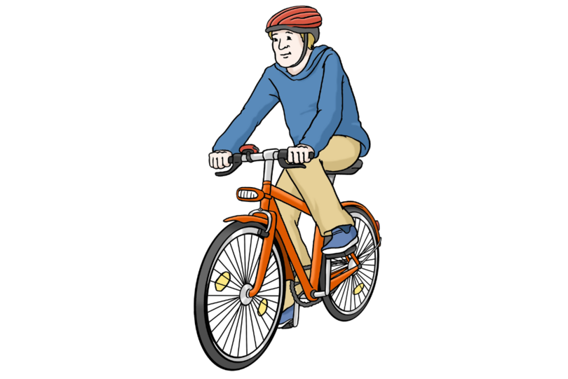 Ein Mann mit einem Helm fährt auf einem Fahrrad.