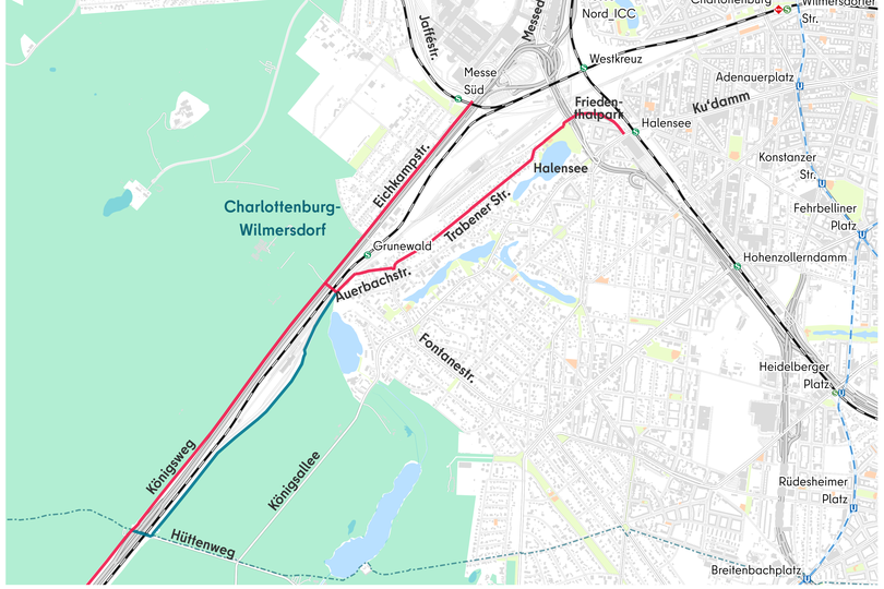 Karte mit dem Routenverlauf der RSV 3 im Abschnitt Grunewald/Westend