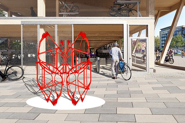 Visualisierung des Kunstwerkes "Frame Work" vor dem visualisierten Eingang des Fahrradparkhauses