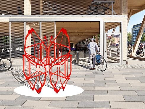 Visualisierung des Kunstwerkes "Frame Work" vor dem visualisierten Eingang des Fahrradparkhauses