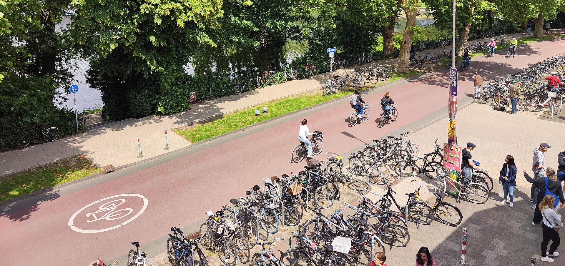 Fahrradstraße in den Niederlanden, an der Seite abgestellte Fahrräder