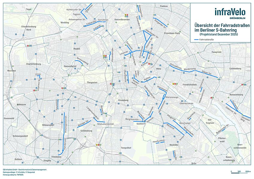 Karte der Fahrradstraßen im Berliner Innenstadtring