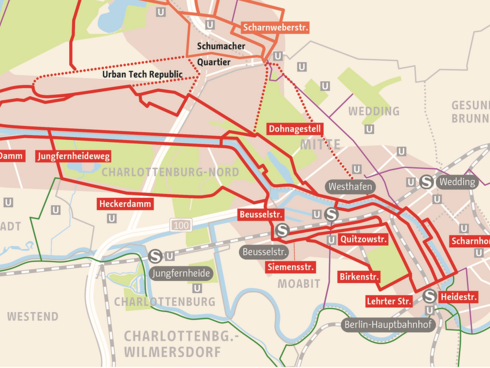 Trassenübersicht der Radschnellverbindung Mitte - Tegel - Spandau