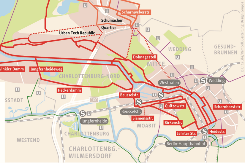 Trassenübersicht der Radschnellverbindung Mitte - Tegel - Spandau