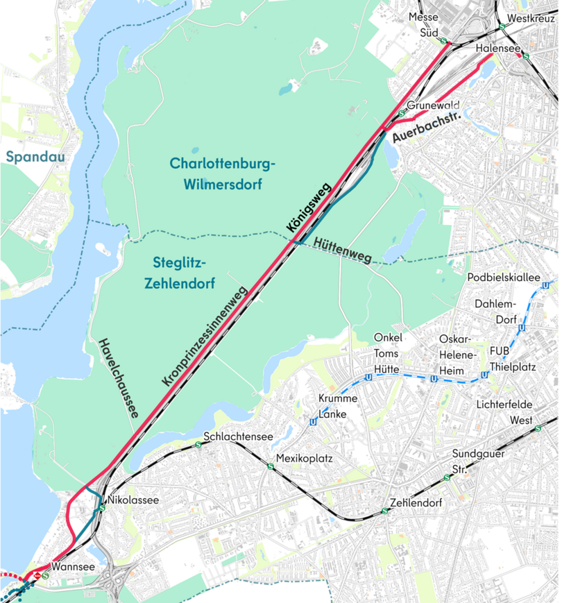 Karte mit eingezeichneter Route vom S-Bahnhof Wannsee im Süden, über S Nikolassee, durch den Grunewald bis zur Auerbachstraße und Messe Süd sowie S Halensee.