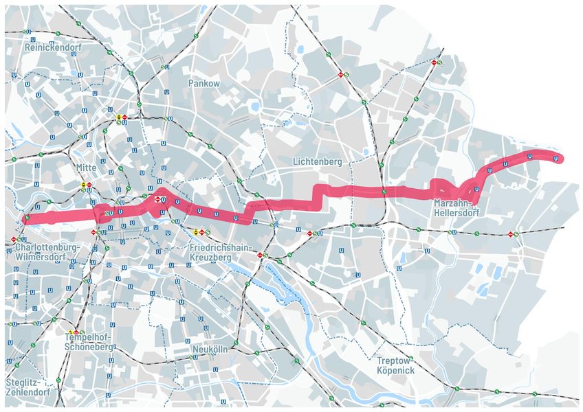 Karte der Routenführung von der Ost-Route von Marzahn-Hellersdorf über Lichtenberg und Friedrichshain-Kreuzberg bis nach Mitte