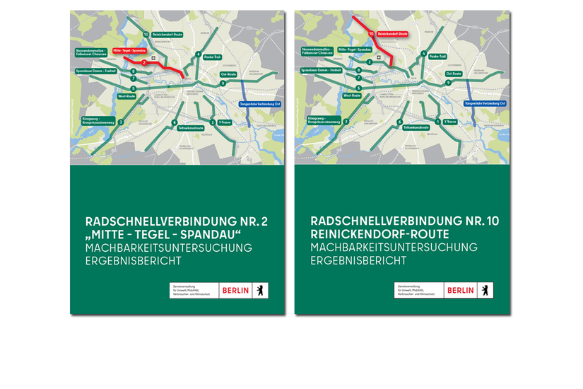 Titelbilder der Ergebnisberichte zur Machbarkeitsuntersuchung der Radschnellverbindungen 2 und 10