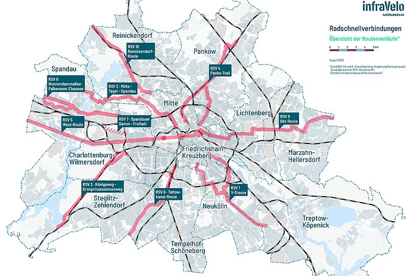 Berlin-Karte mit dargestellten Trassenverläufen der geplanten Radschnellverbindungen