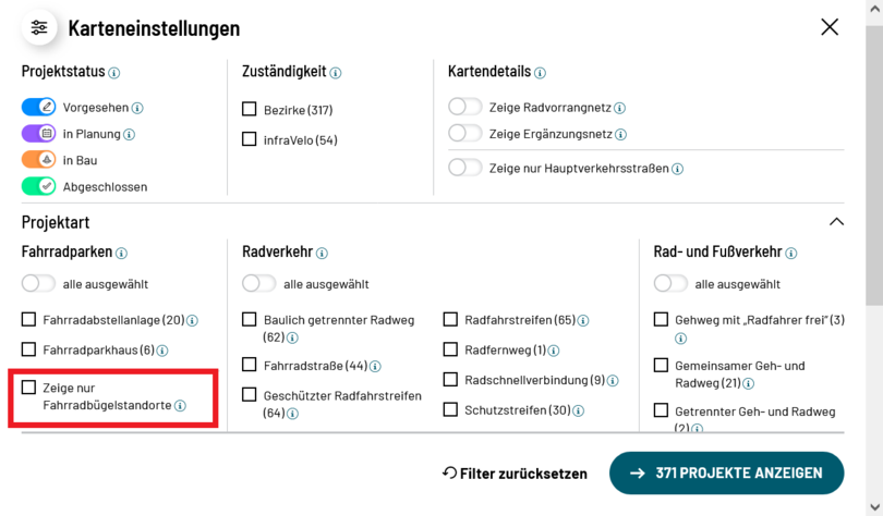Screenshot der Projektkarte mit eingekreistem Filter für die Fahrradbügel-Standorte