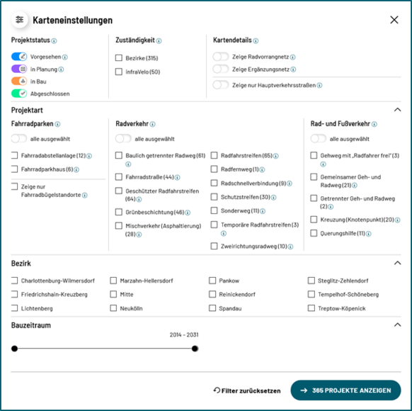 Screenshot Filtermenü Projektkarte infraVelo