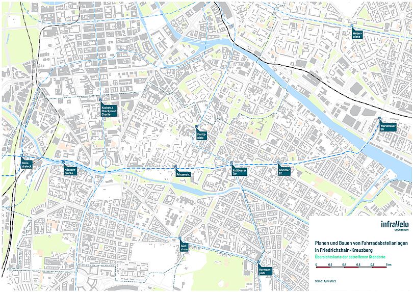 Karte von Friedrichshain-Kreuzberg mit den eingezeichneten Bahnhöfen, an denen Fahrradabstellanlagen geplant werden